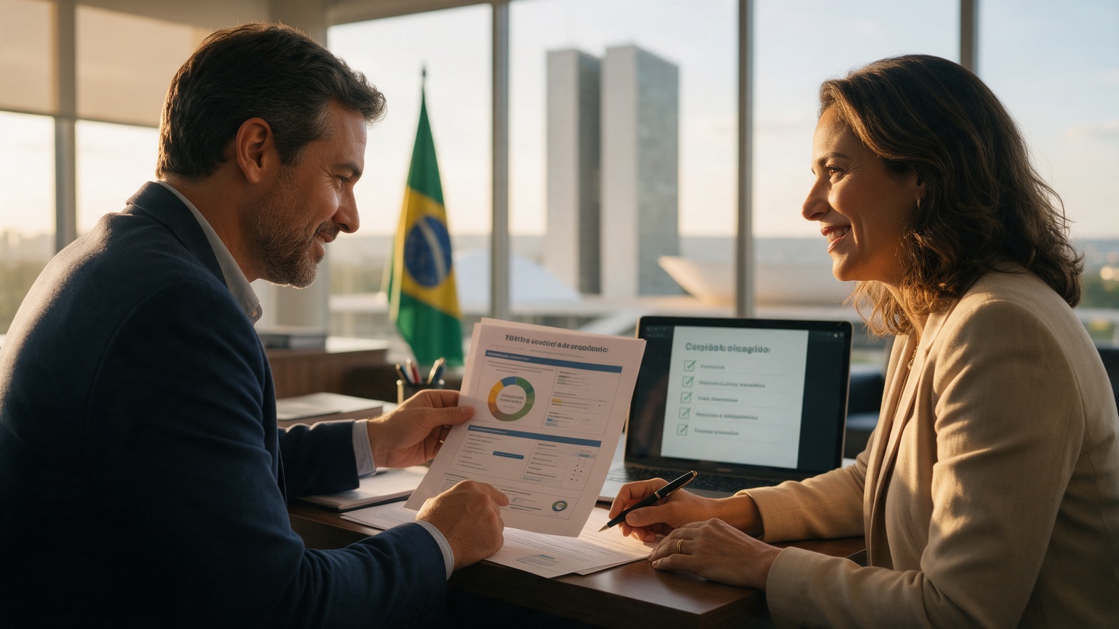 Consultor da Baggio e empresária revisando o diagnóstico da empresa