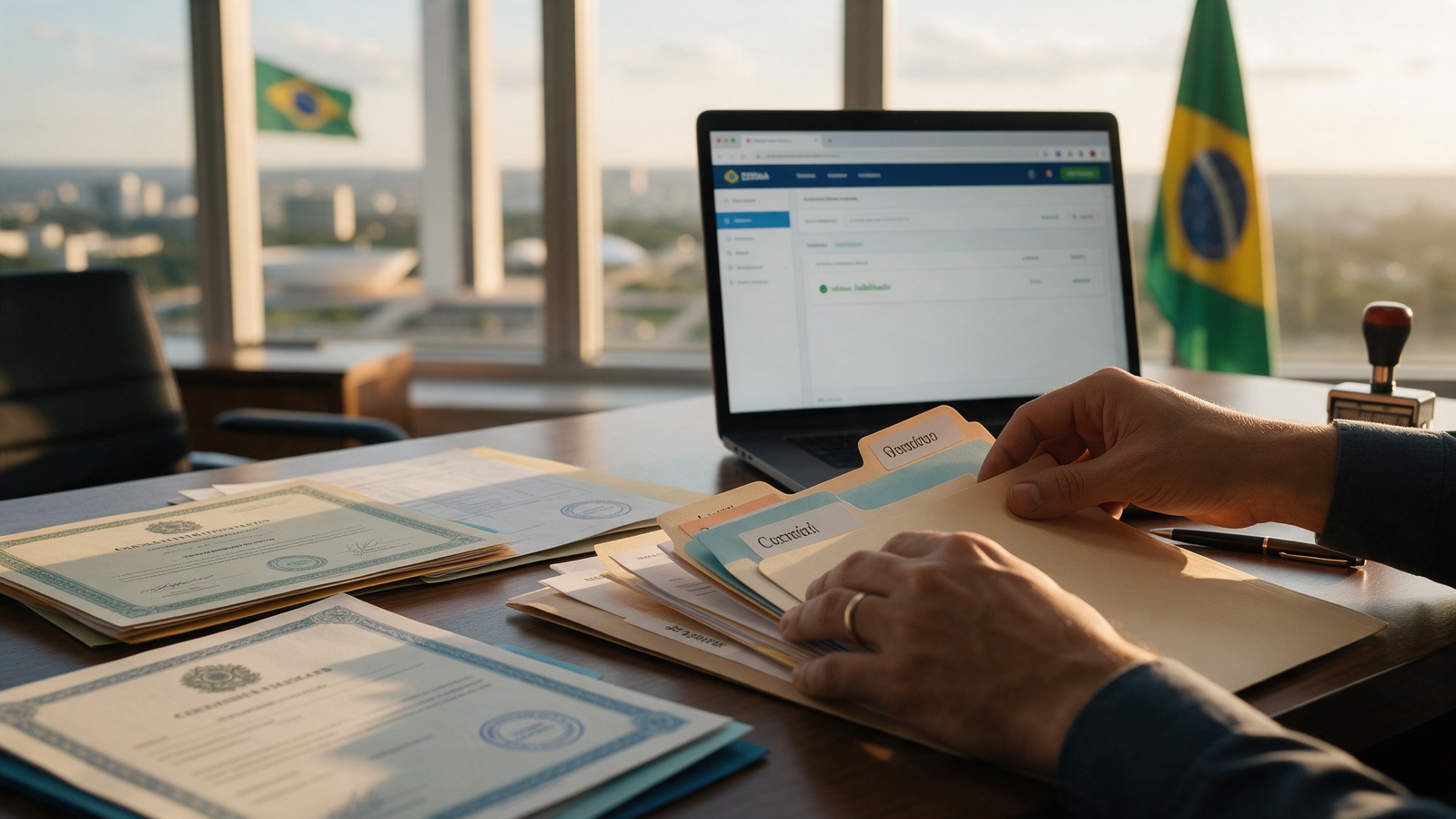 Documentos e certidões organizados para habilitação nos portais de compras