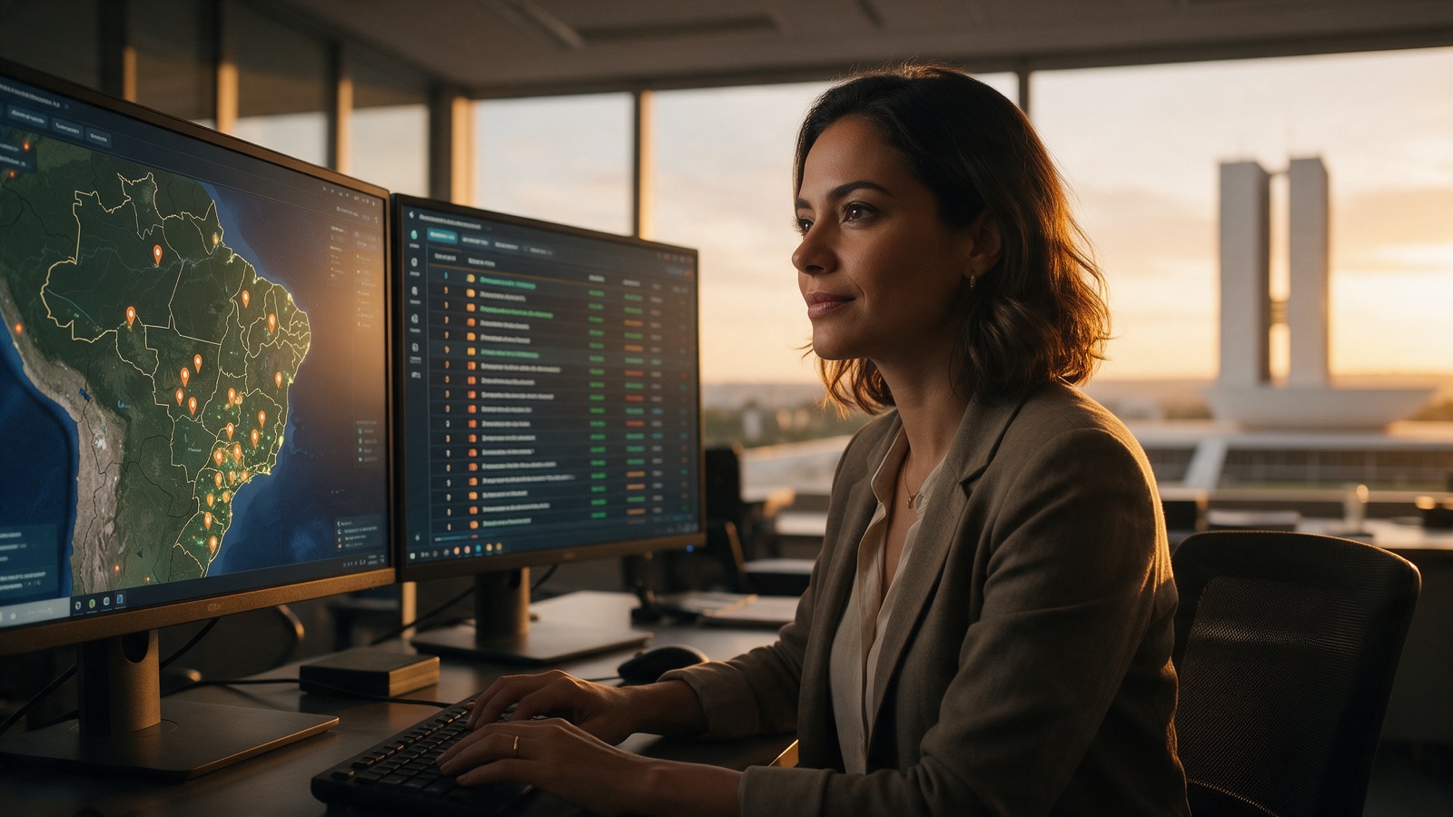Analista monitorando editais em todo o Brasil em duas telas