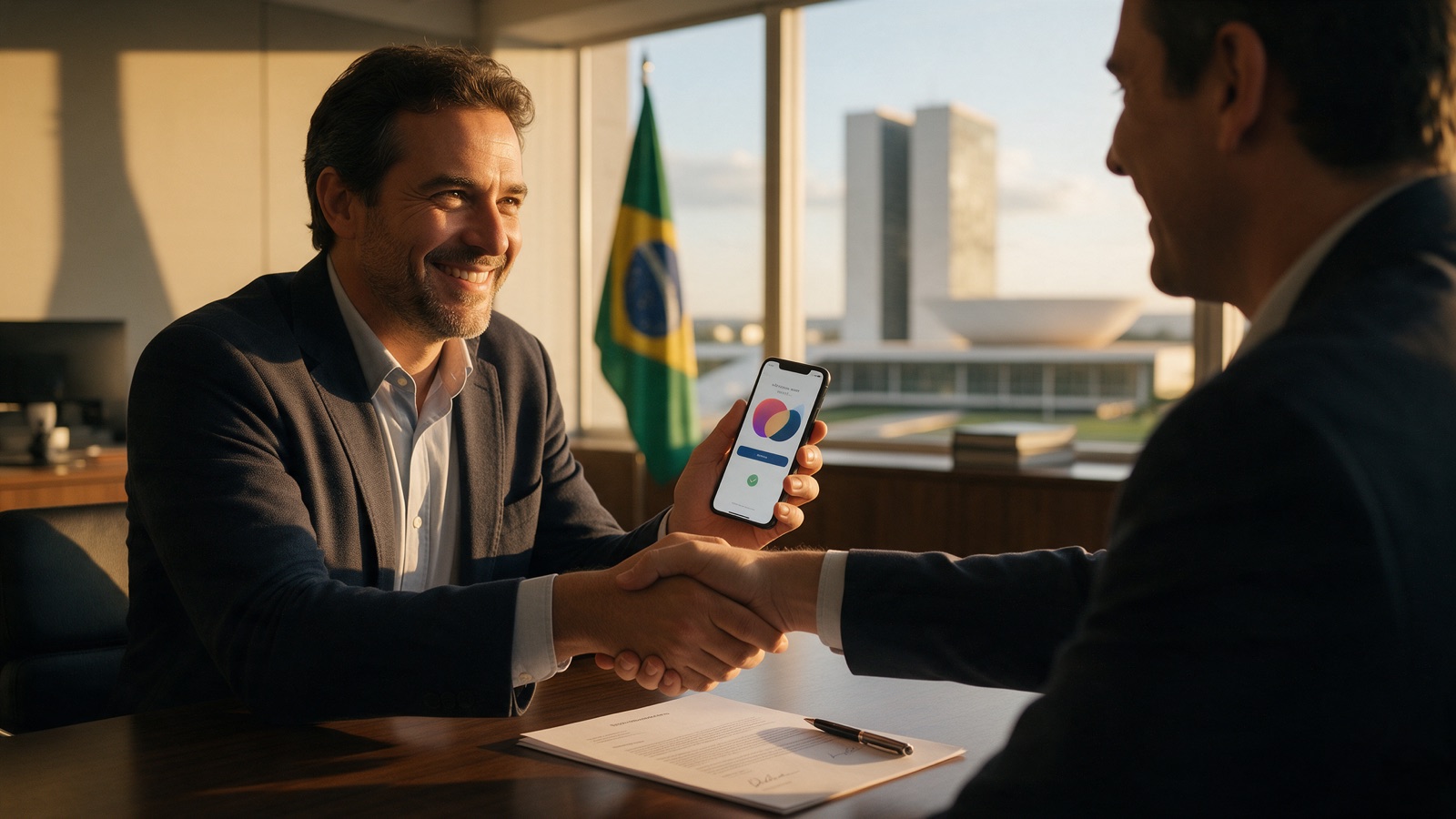 Empresário recebendo o pagamento e apertando a mão do consultor